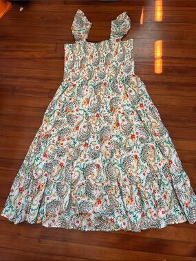 Lands' End White Floral Paisley Tiered 100% Cotton Midi Dress with Ruffle Straps